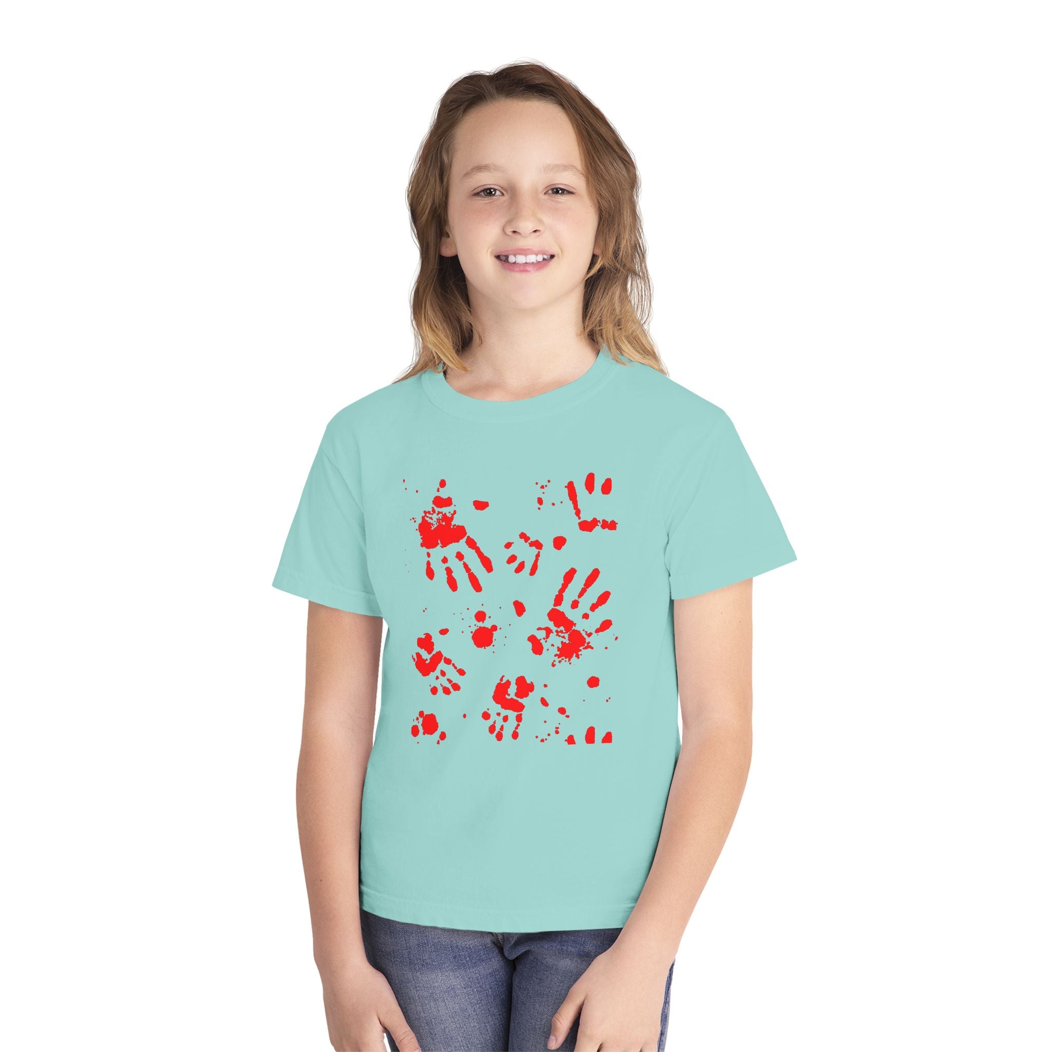 Red Handprint Youth Midweight Tee, Creative Kids Shirt, Unique Gift for Children, Playtime Apparel, Family Fun Wear, Holiday T-Shirt