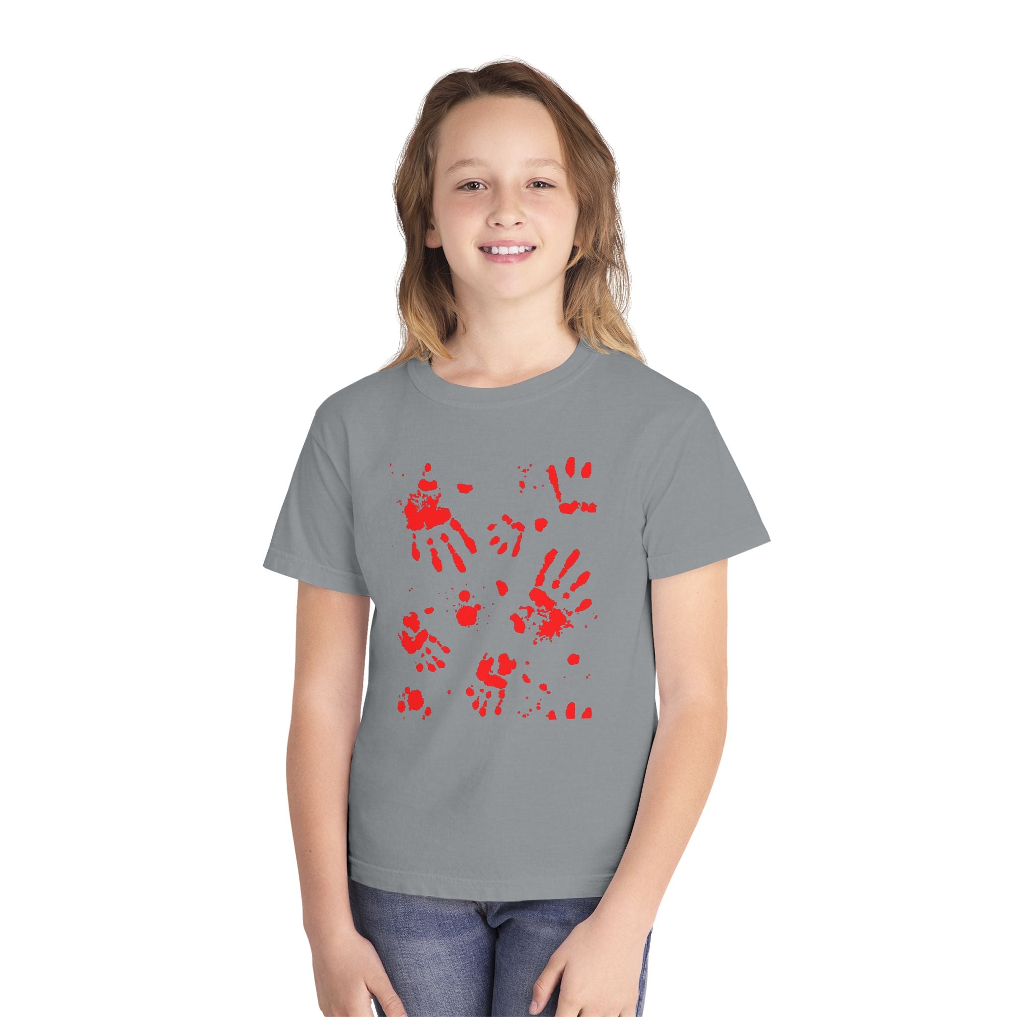 Red Handprint Youth Midweight Tee, Creative Kids Shirt, Unique Gift for Children, Playtime Apparel, Family Fun Wear, Holiday T-Shirt