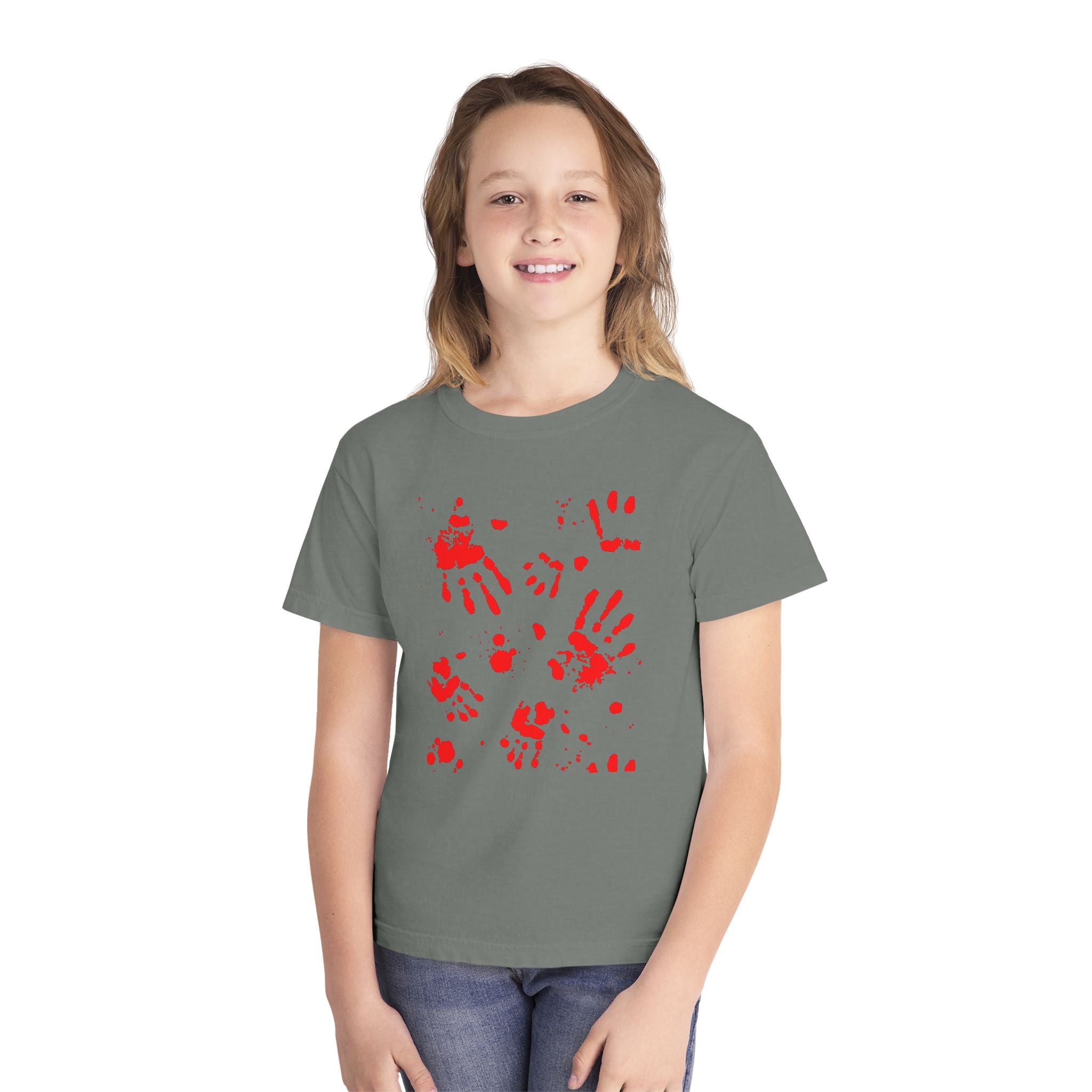 Red Handprint Youth Midweight Tee, Creative Kids Shirt, Unique Gift for Children, Playtime Apparel, Family Fun Wear, Holiday T-Shirt