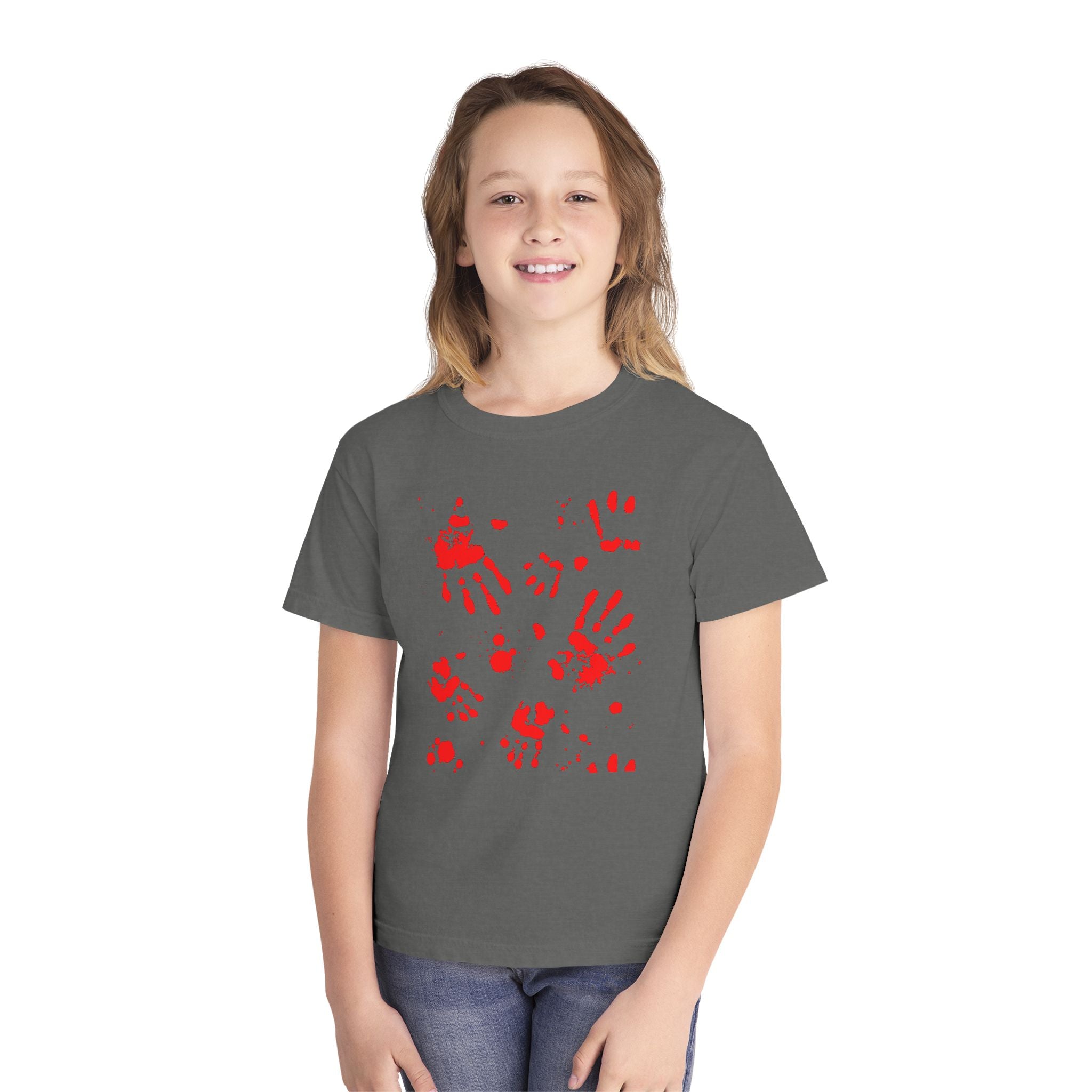 Red Handprint Youth Midweight Tee, Creative Kids Shirt, Unique Gift for Children, Playtime Apparel, Family Fun Wear, Holiday T-Shirt