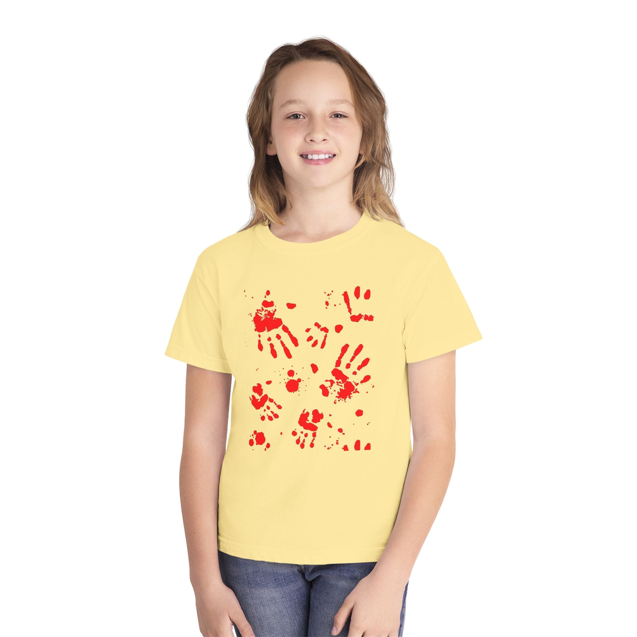 Red Handprint Youth Midweight Tee, Creative Kids Shirt, Unique Gift for Children, Playtime Apparel, Family Fun Wear, Holiday T-Shirt
