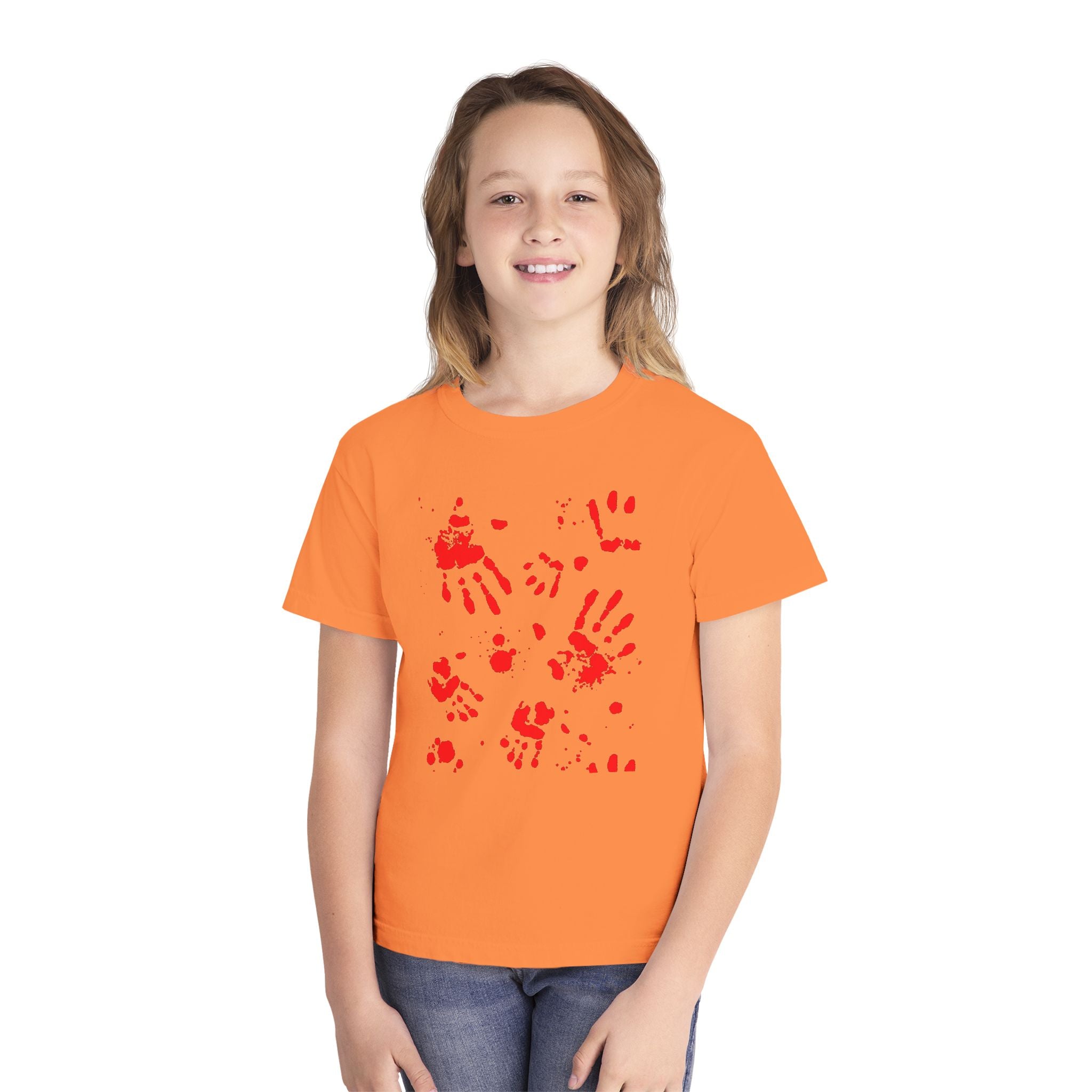 Red Handprint Youth Midweight Tee, Creative Kids Shirt, Unique Gift for Children, Playtime Apparel, Family Fun Wear, Holiday T-Shirt