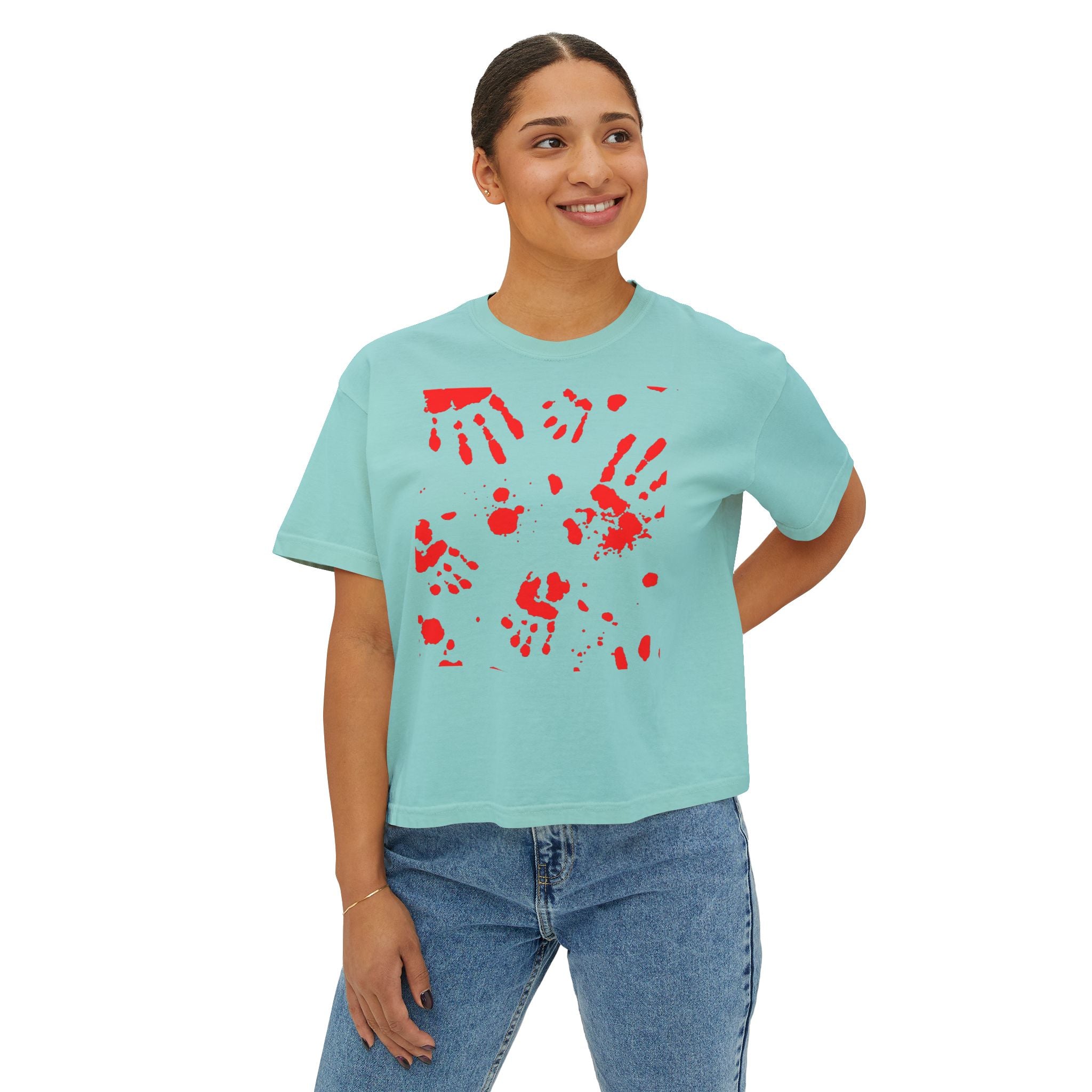 Artistic Women's Boxy Tee, Handprint Design Tee, Casual Summer Top, Unique Gift Idea, Wearable Art Clothing