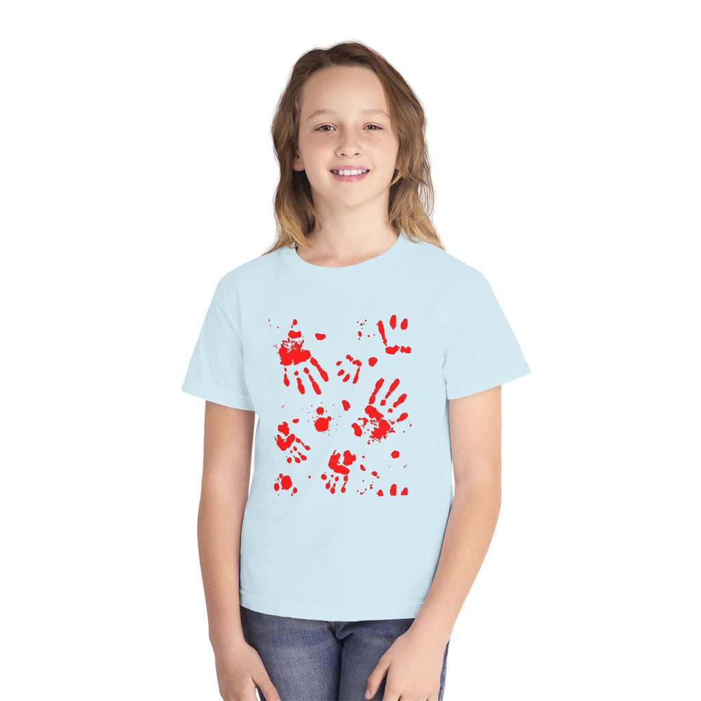 Red Handprint Youth Midweight Tee, Creative Kids Shirt, Unique Gift for Children, Playtime Apparel, Family Fun Wear, Holiday T-Shirt
