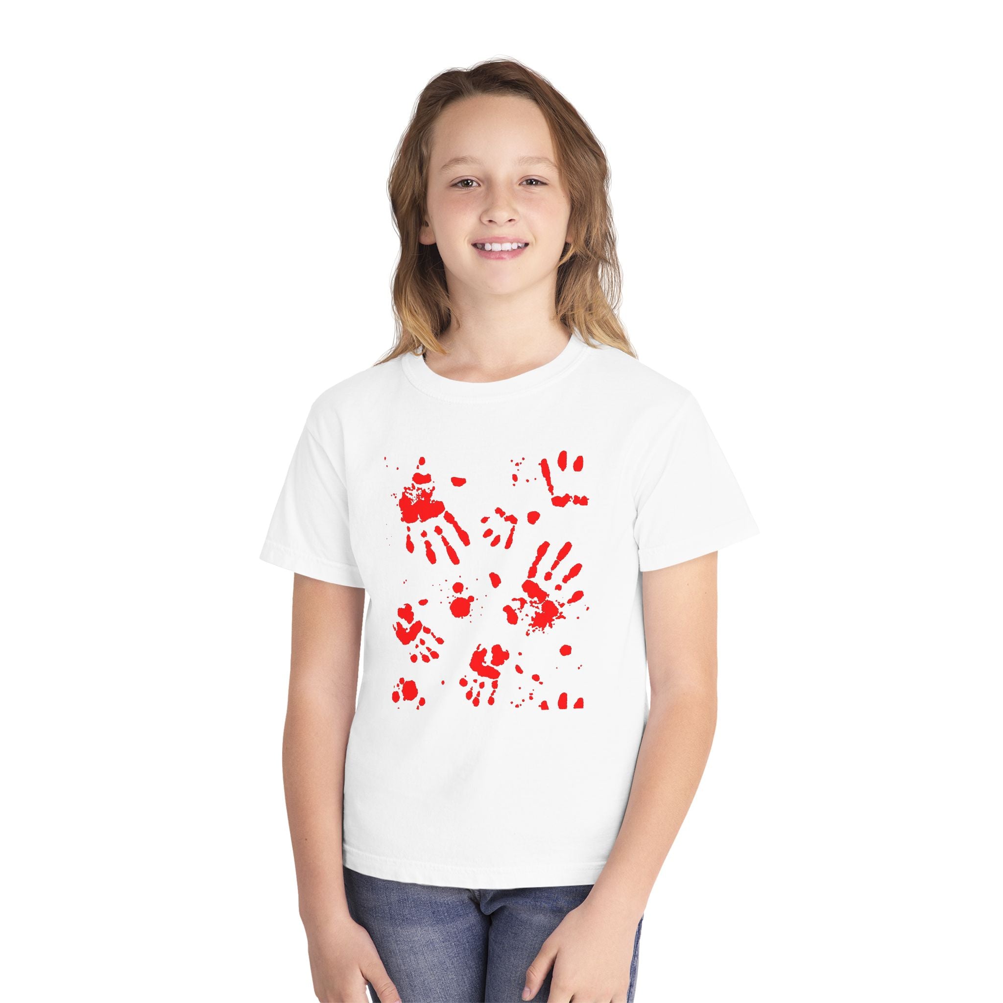 Red Handprint Youth Midweight Tee, Creative Kids Shirt, Unique Gift for Children, Playtime Apparel, Family Fun Wear, Holiday T-Shirt