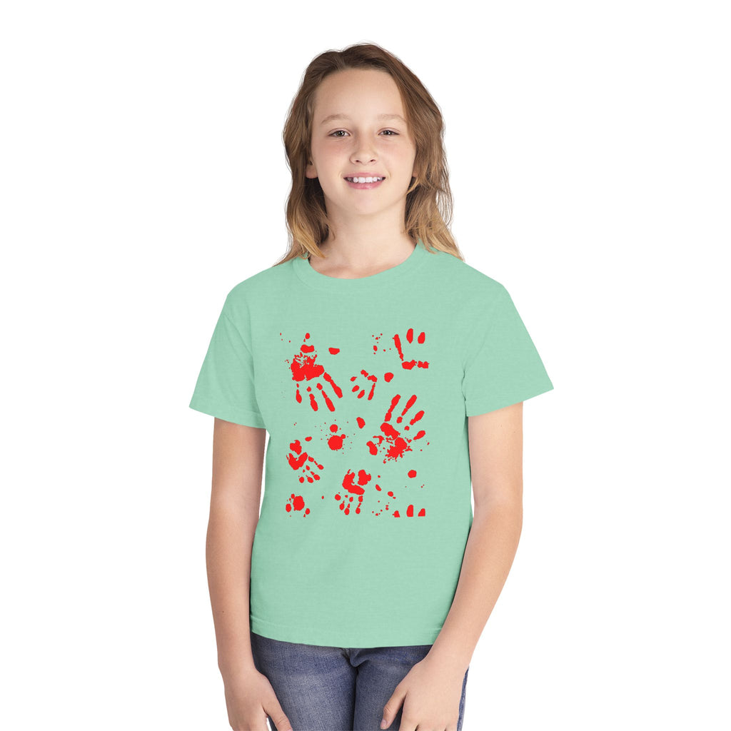 Red Handprint Youth Midweight Tee, Creative Kids Shirt, Unique Gift for Children, Playtime Apparel, Family Fun Wear, Holiday T-Shirt