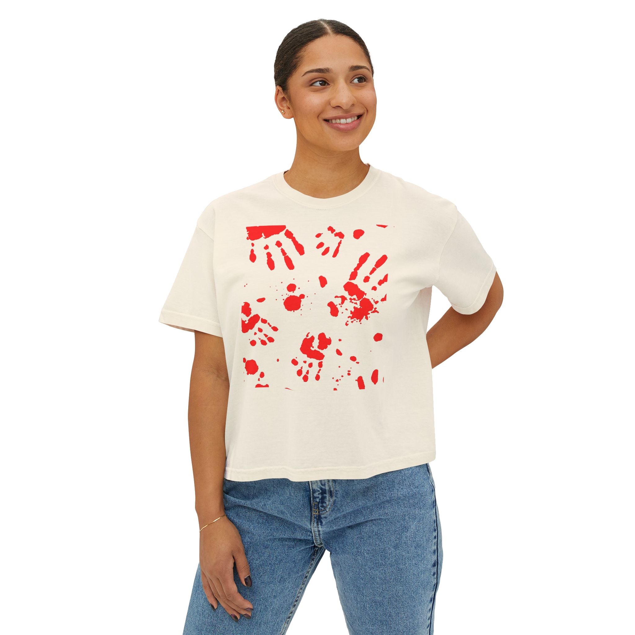 Artistic Women's Boxy Tee, Handprint Design Tee, Casual Summer Top, Unique Gift Idea, Wearable Art Clothing