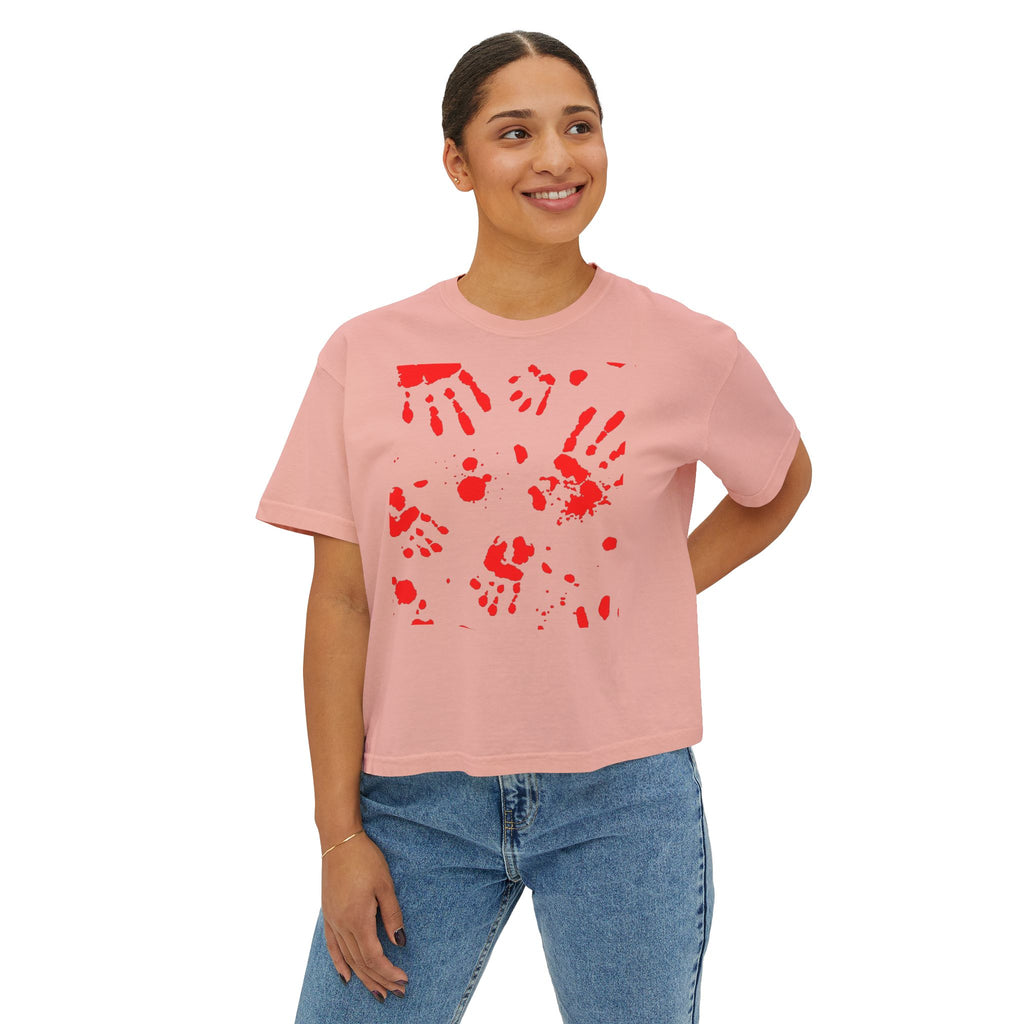 Artistic Women's Boxy Tee, Handprint Design Tee, Casual Summer Top, Unique Gift Idea, Wearable Art Clothing