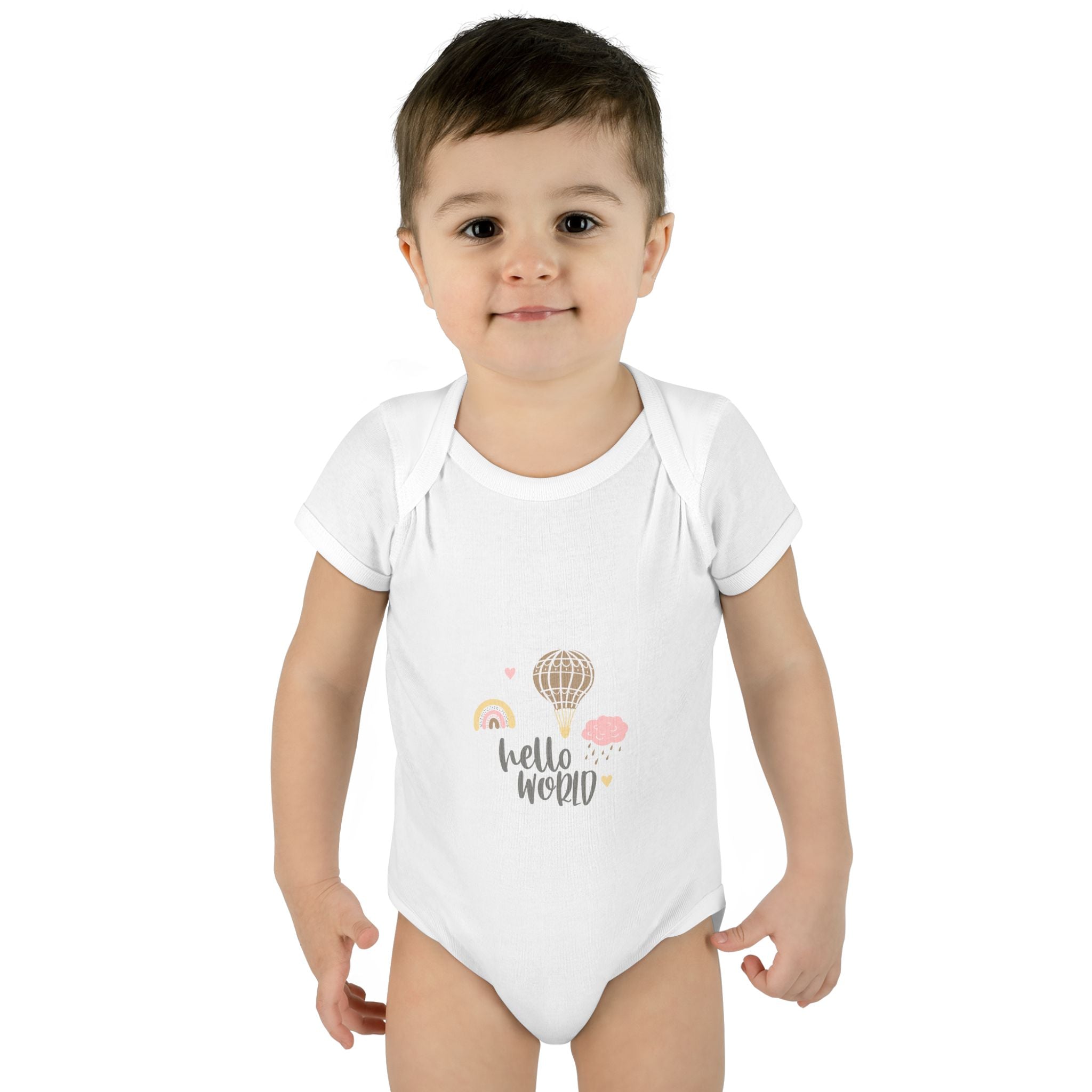 Hello World Infant Bodysuit | Cute Baby Outfit, Newborn Gift, Baby Shower Present, Cloud and Rainbow Design