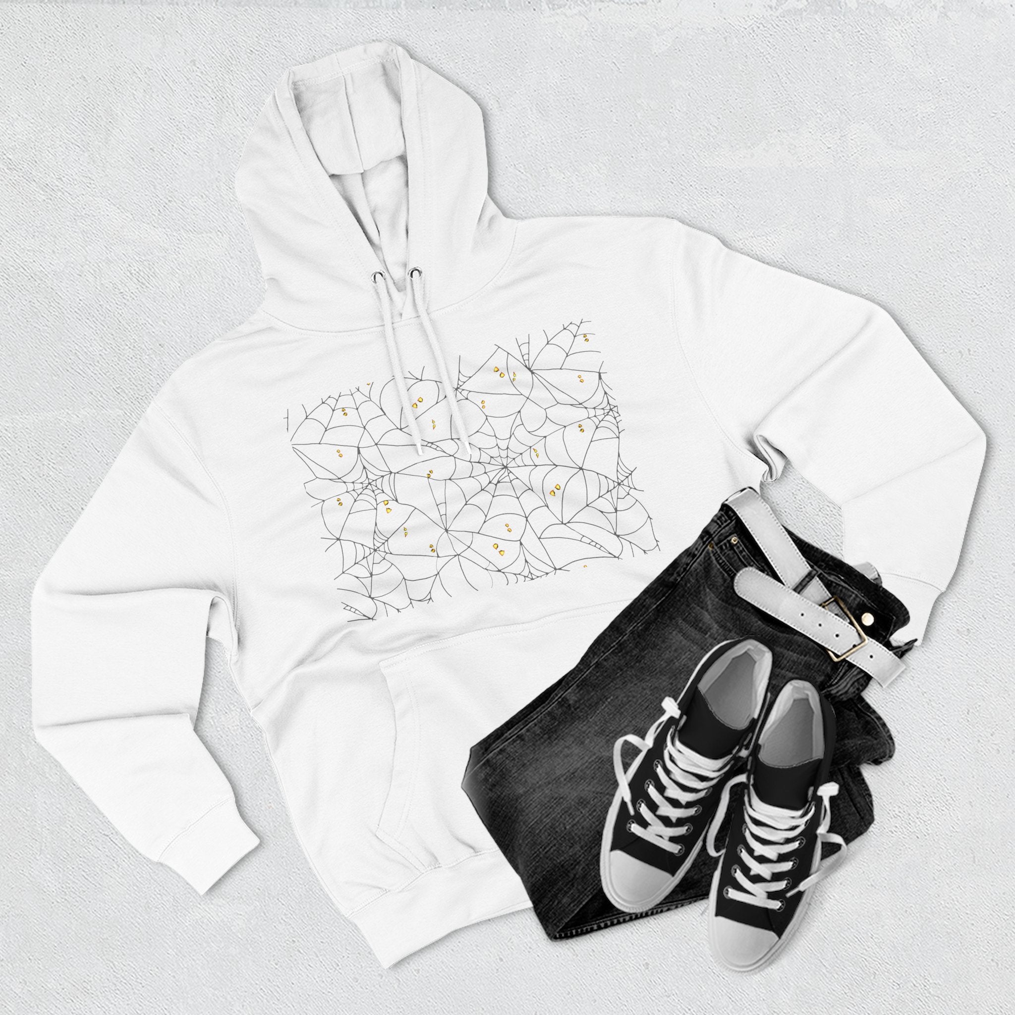 Stylish Three-Panel Fleece Hoodie, Spooky Spider Web